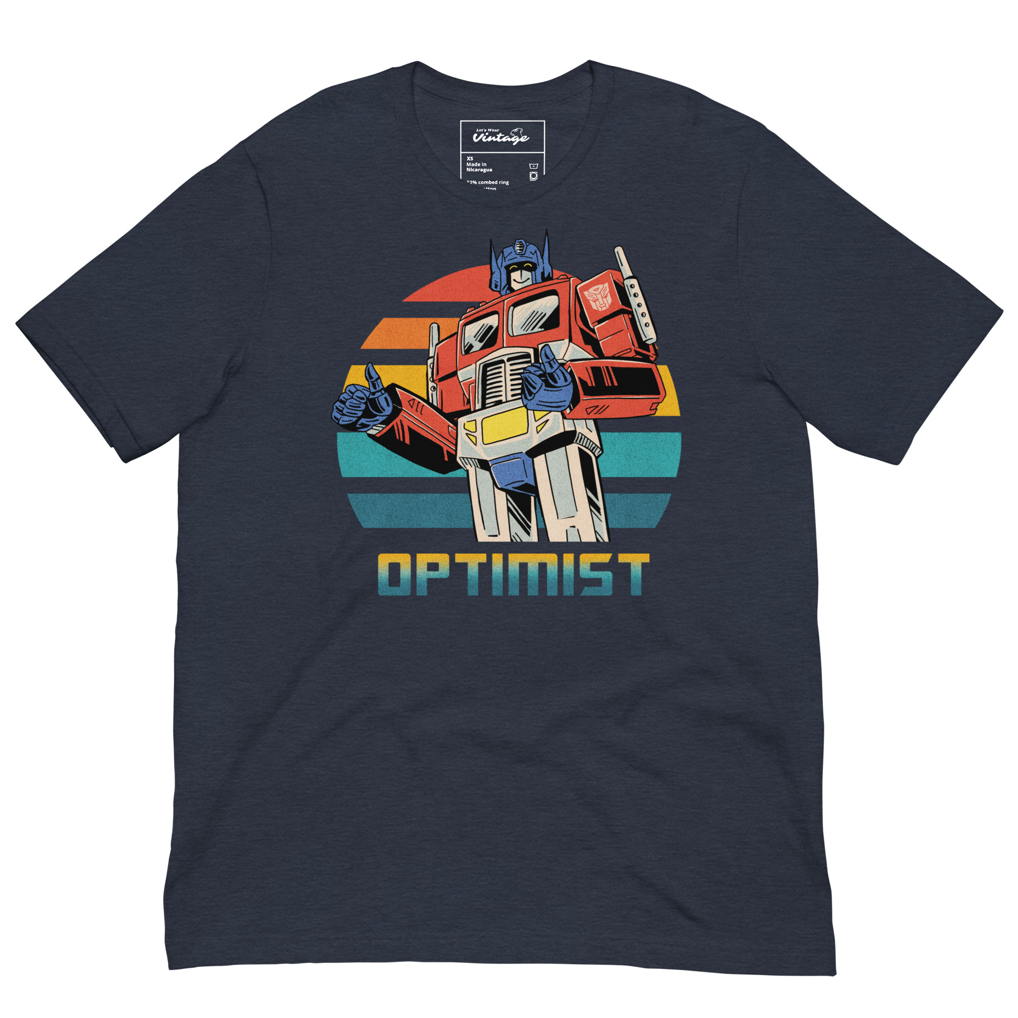 Optimist Prime T-shirt with vintage robot and retro sunset design